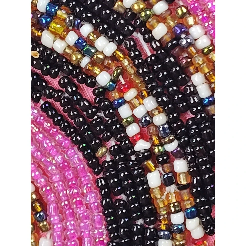 Vintage Pink Black Concentric Circle Seed Beaded Wristlet Clutch Evening Bag